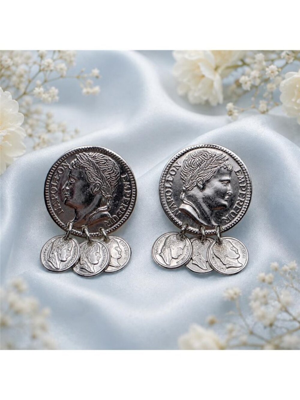 Sarah Coventry Roman Coins Napoleon Clip On Dangle Earrings Silver Tone Vintage